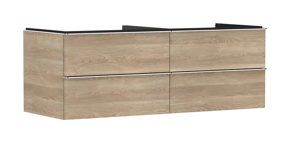 Waschtischunterschrank in Holzoptik mit vier Schubkästen. Von Hansgrohe, geeignet für Konsolen und Aufsatzwaschtische. Schlichte, funktionale Gestaltung.